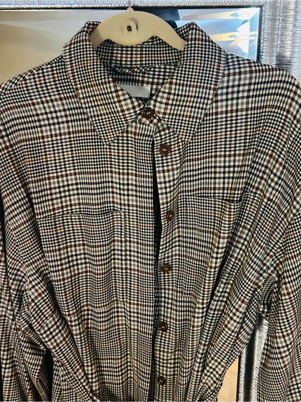 H&M Woman long  Brown & Black Plaid Button-Down shirt dress with belt